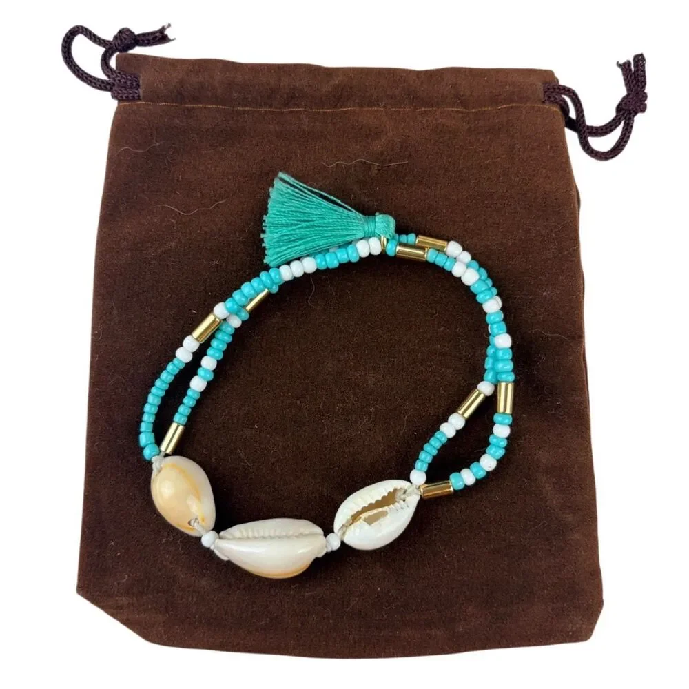 J.Crew 3-In-1 Strand Cowrie Shell Turquoise White Bead Tassel Bracelet Gold